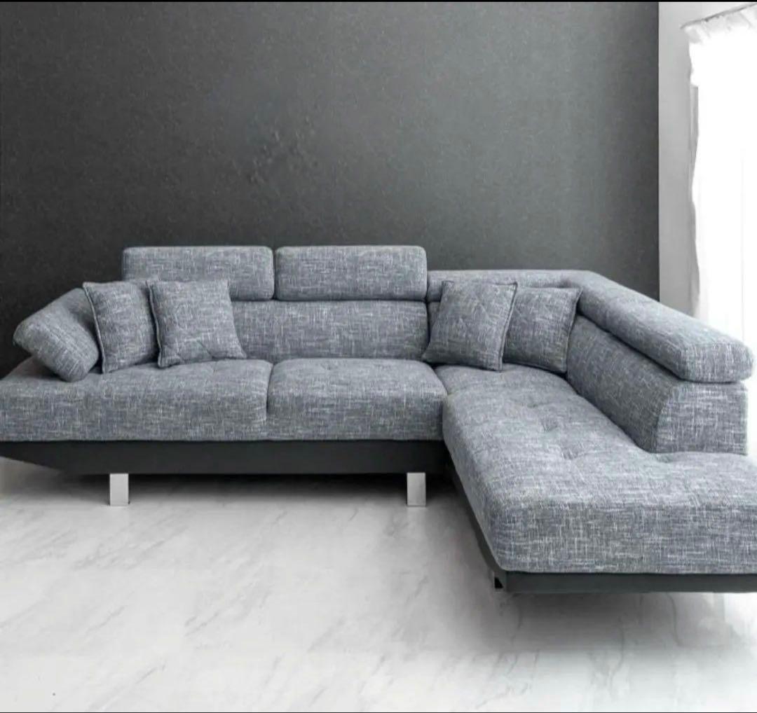 グレー L字型ファブリックソファ