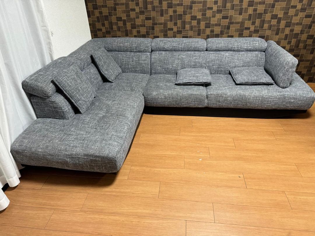 グレー L字型ファブリックソファ
