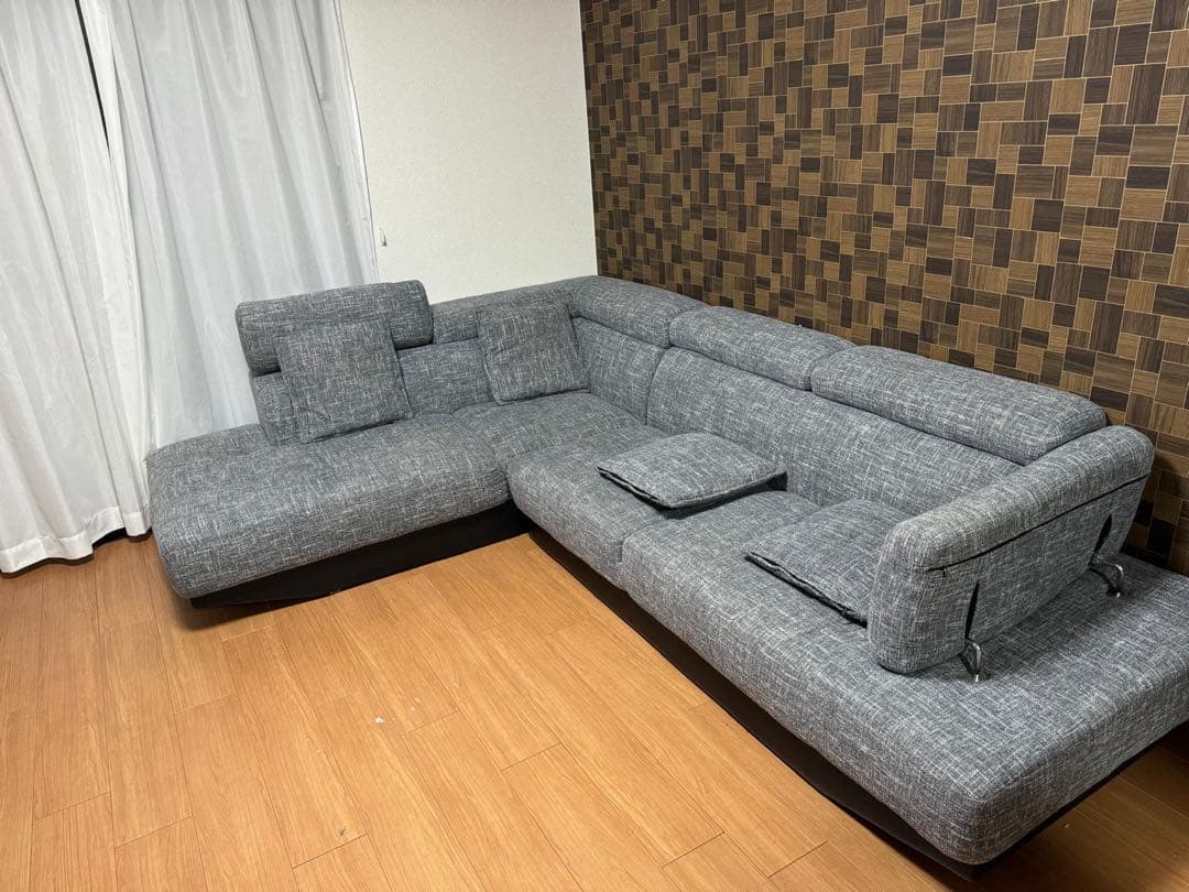 グレー L字型ファブリックソファ