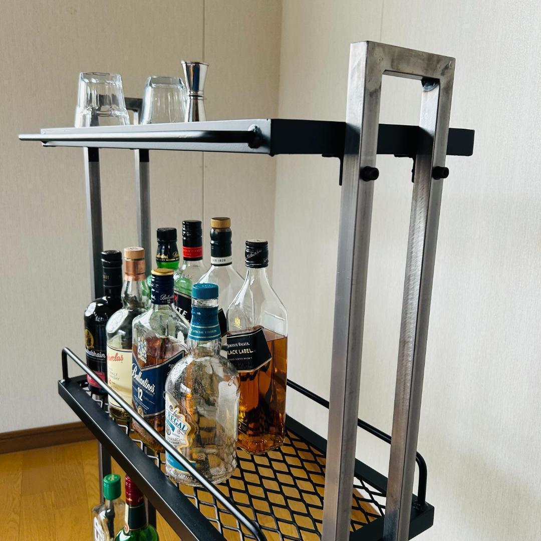 ウイスキーラック　スチールバーカート　3段　メッシュ棚　アイアン家具