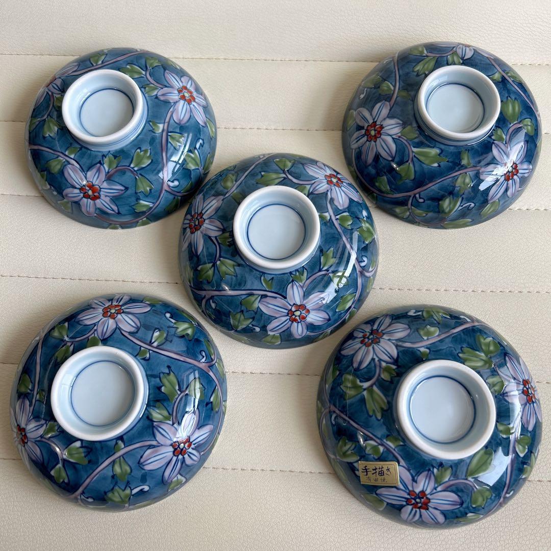 有田焼　華山萬右衛門窯　手描き　古染風唐草　高級　蓋付き丼ぶり揃　5客　雑煮碗