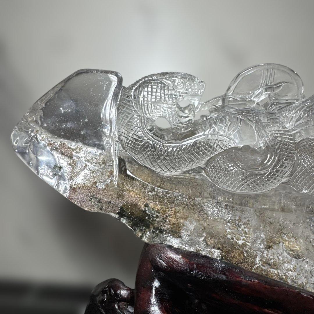 天然水晶 白蛇彫刻 霊獣 宝珠 古銭 元宝 2kg級 置物
