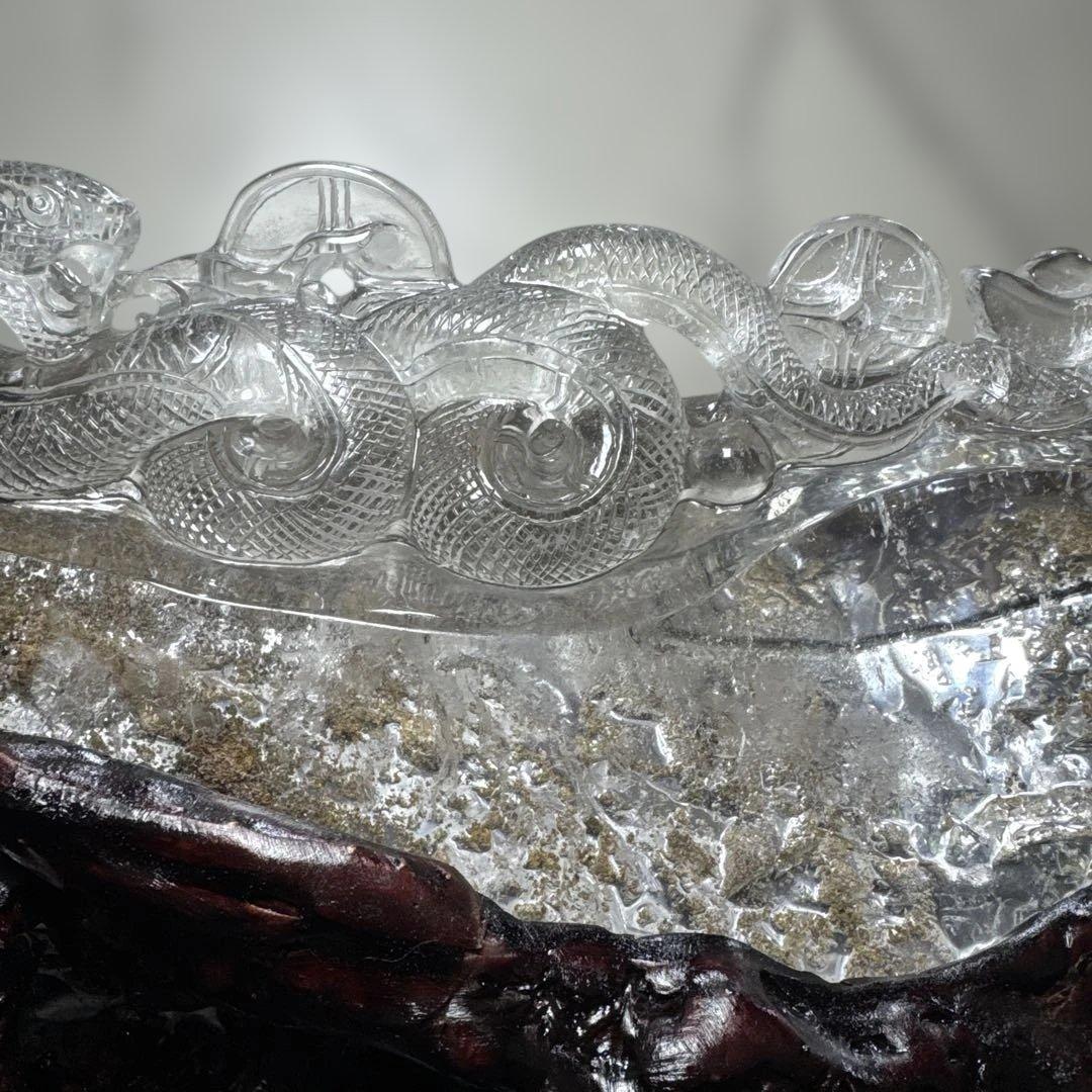 天然水晶 白蛇彫刻 霊獣 宝珠 古銭 元宝 2kg級 置物
