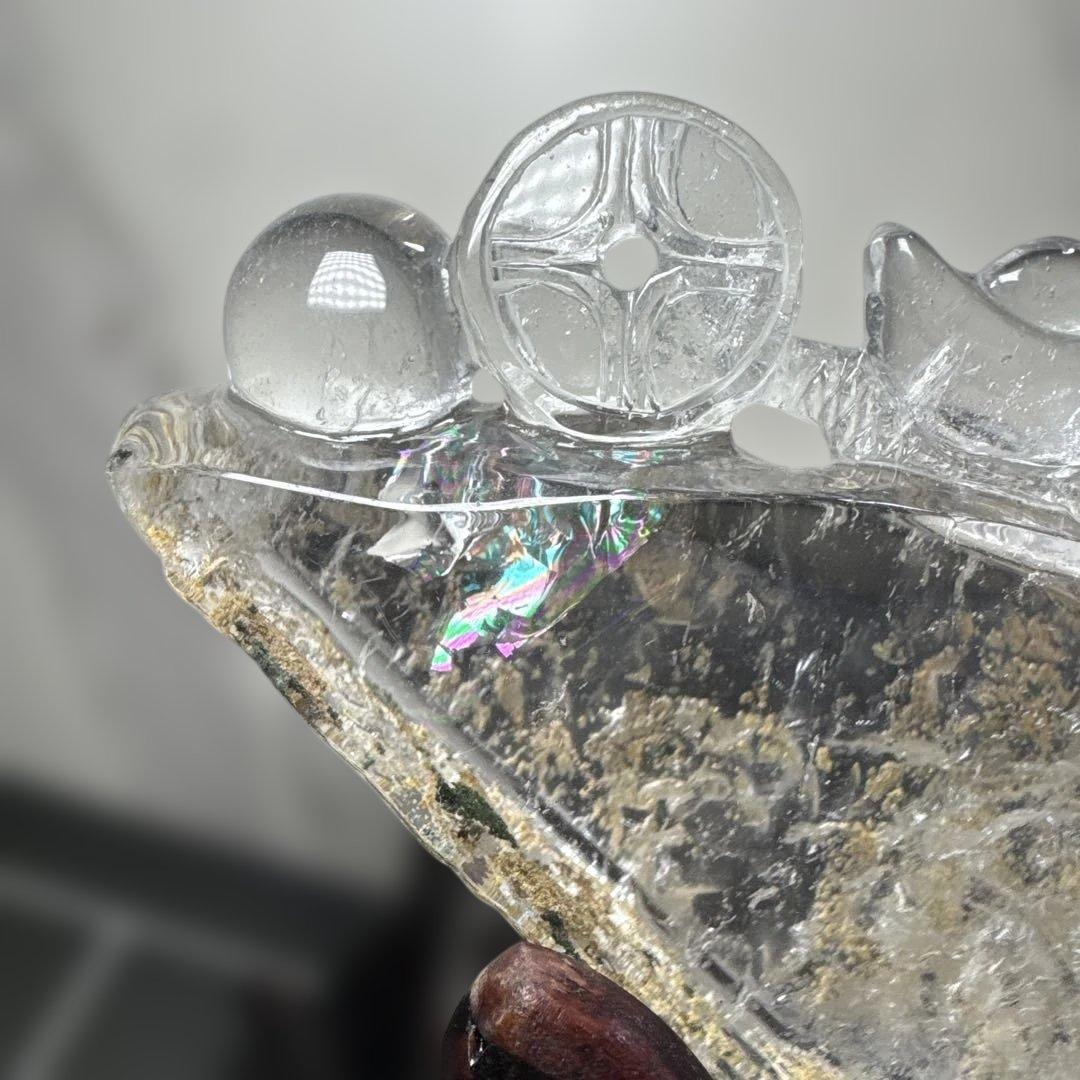 天然水晶 白蛇彫刻 霊獣 宝珠 古銭 元宝 2kg級 置物
