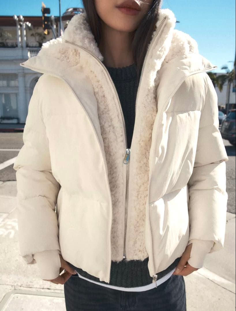 【ZARA】ザラ M フェイクシープスキンフード付き撥水ウィンドブレーカー 白