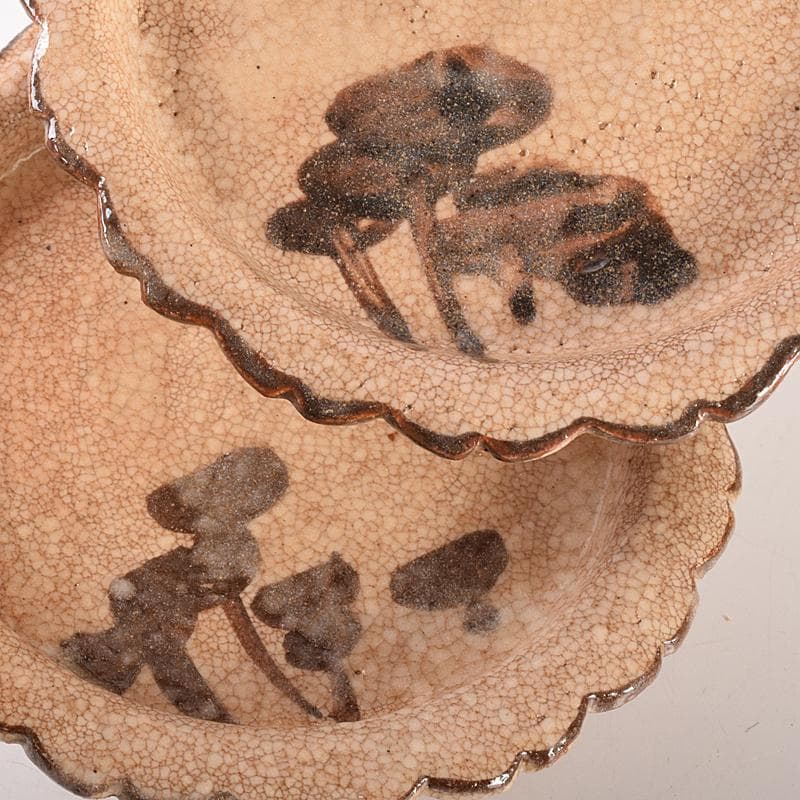 和食器　志野焼　絵志野　松文　雪輪形　菓子皿　五客　在銘　共箱　D　R7842