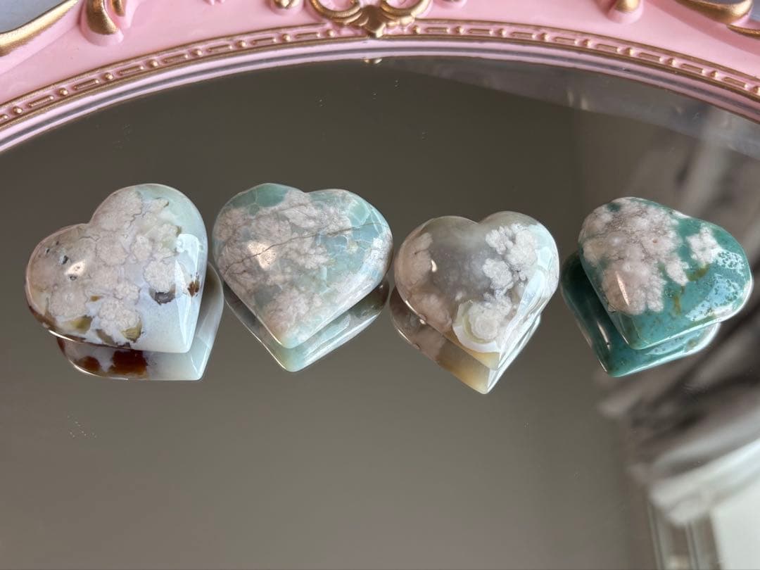 天然石 グリーン桜瑪瑙 ハート 4個セット