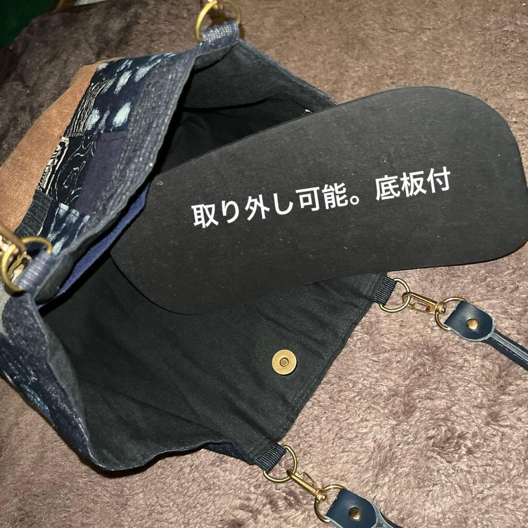 【一点物】酒袋×古布藍染トート59 家紋 刺し子 パッチワーク A4OK肩掛け可