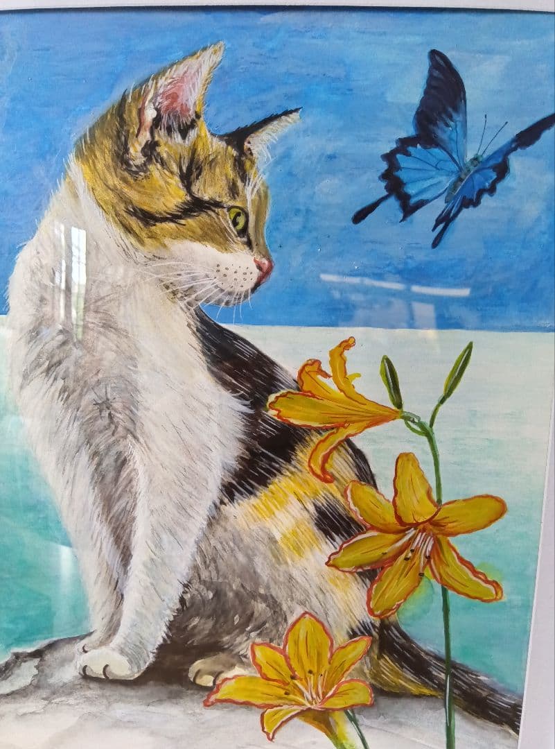 手描き水彩画　三毛猫　絵画