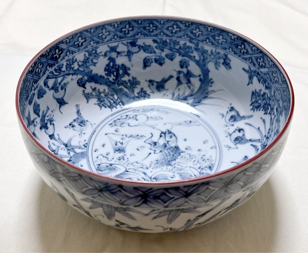 未使用　京焼清水焼　瑞昭窯　大野瑞昭　染付　花鳥魚文　大鉢　深鉢　希少品