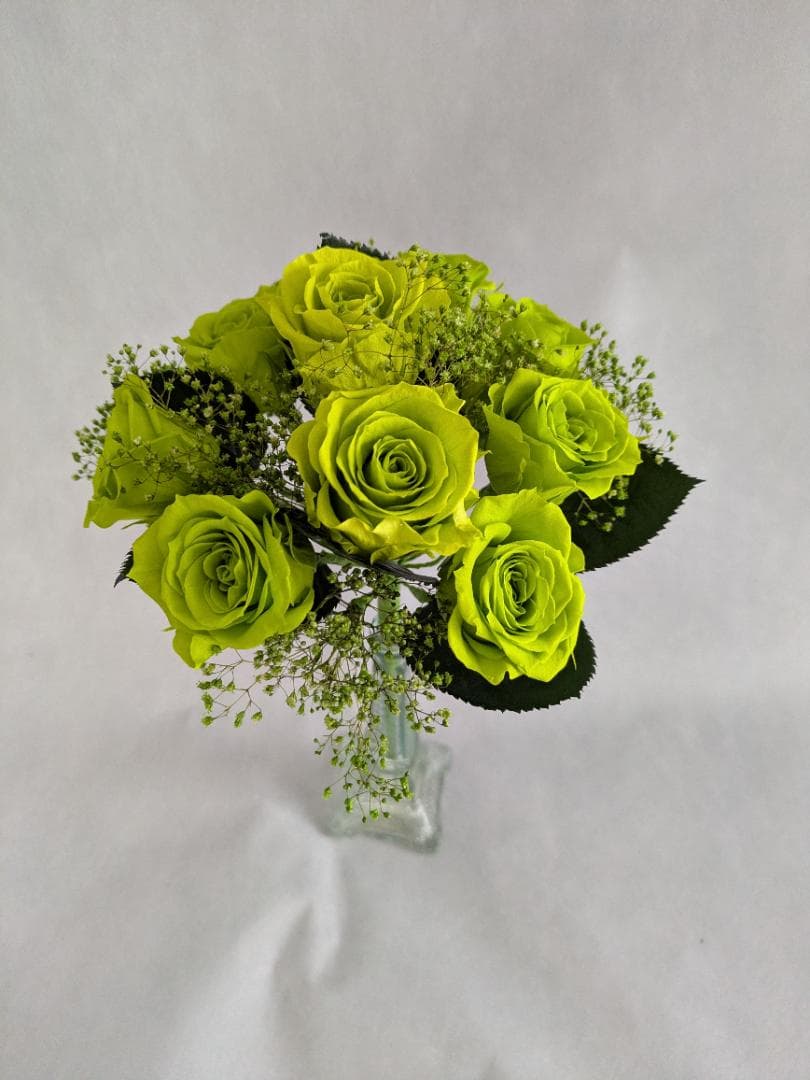 プリザーブドフラワー緑の薔薇9輪とかすみ草の花束（花束ラッピング）