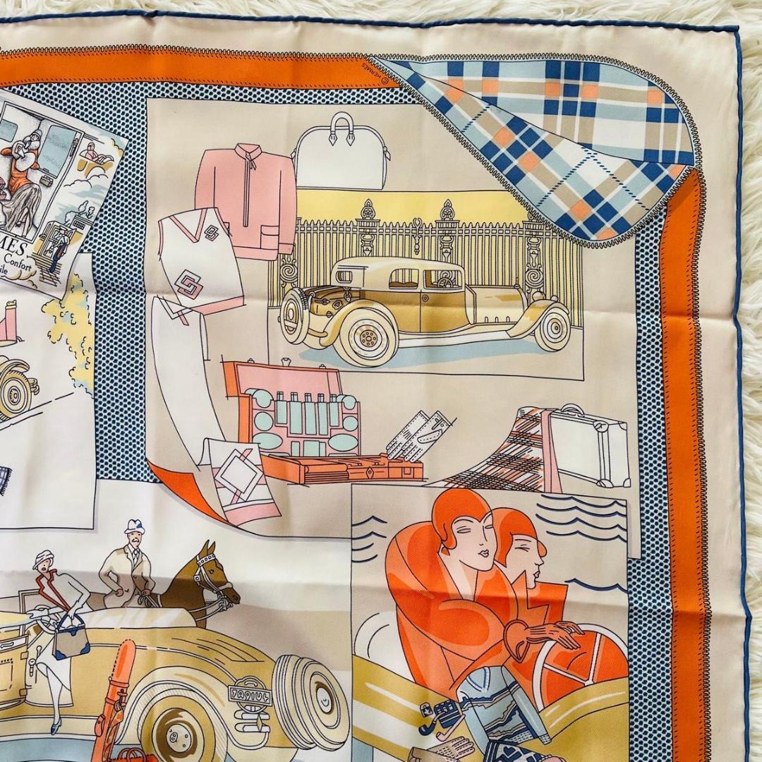 HERMES エルメス 自動車の快適　カレ65　スカーフ オレンジ系 シルク