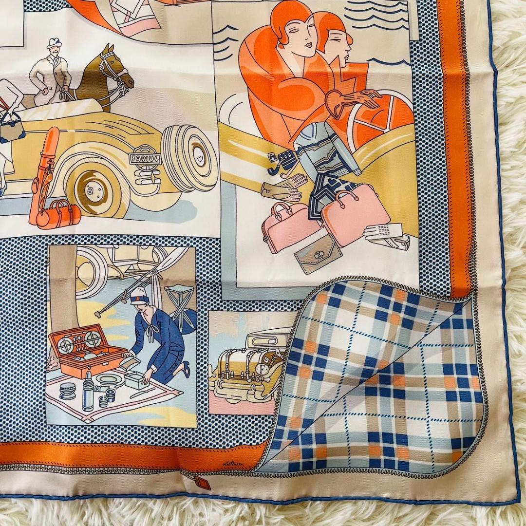 HERMES エルメス 自動車の快適　カレ65　スカーフ オレンジ系 シルク