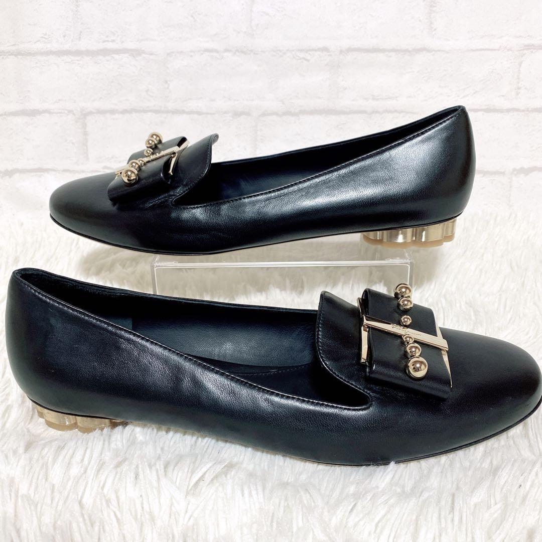 未使用級✨Ferragamo フェラガモ パンプス リボン スタッズ　9C 黒