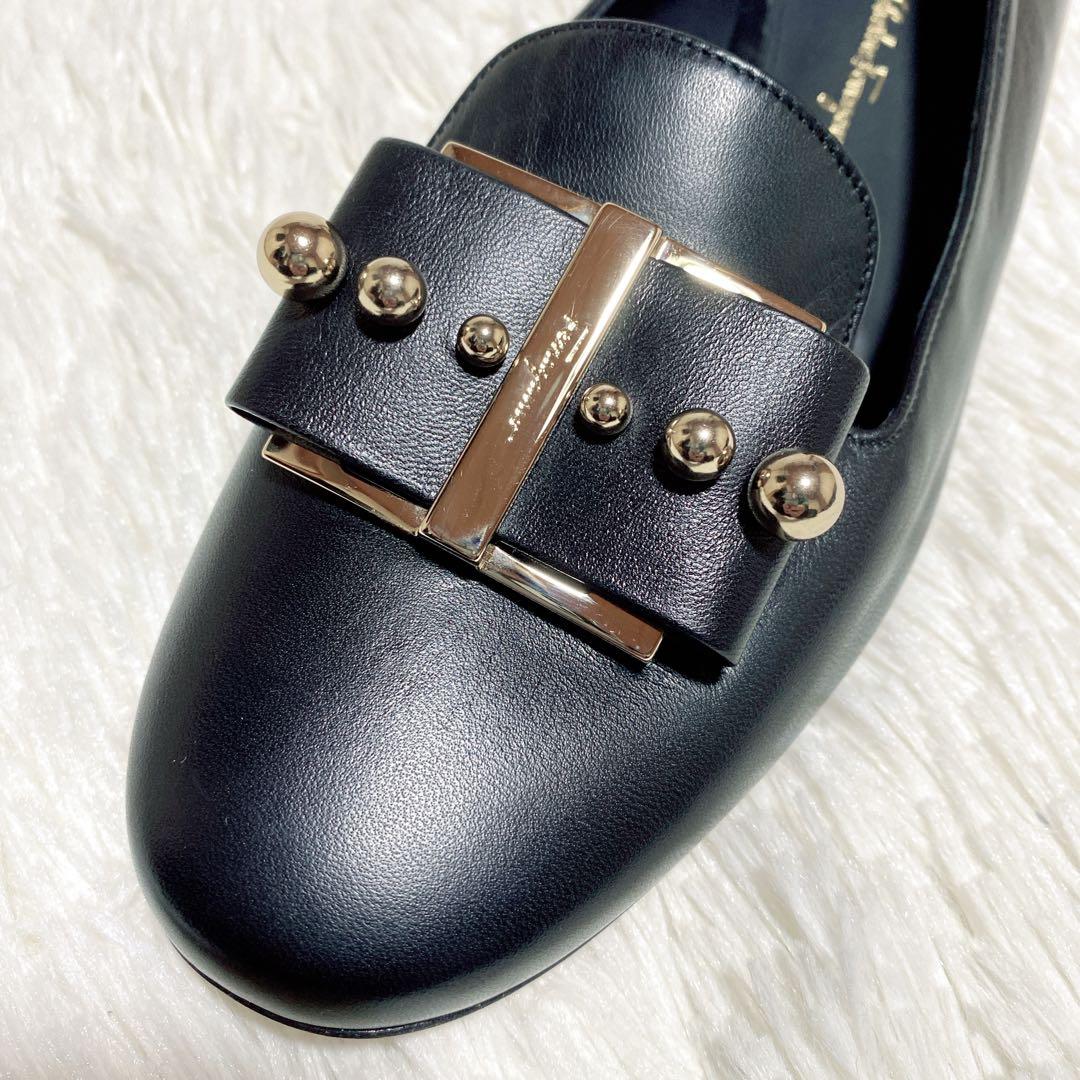 未使用級✨Ferragamo フェラガモ パンプス リボン スタッズ　9C 黒