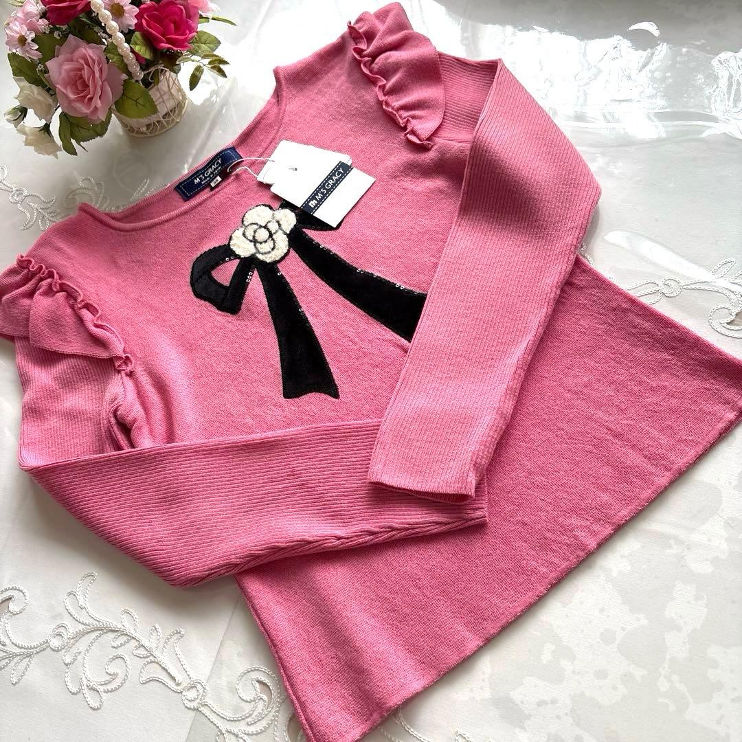 エムズグレイシー　カタログ掲載お色違い　スパンコール刺繍カメリアリボンニット38