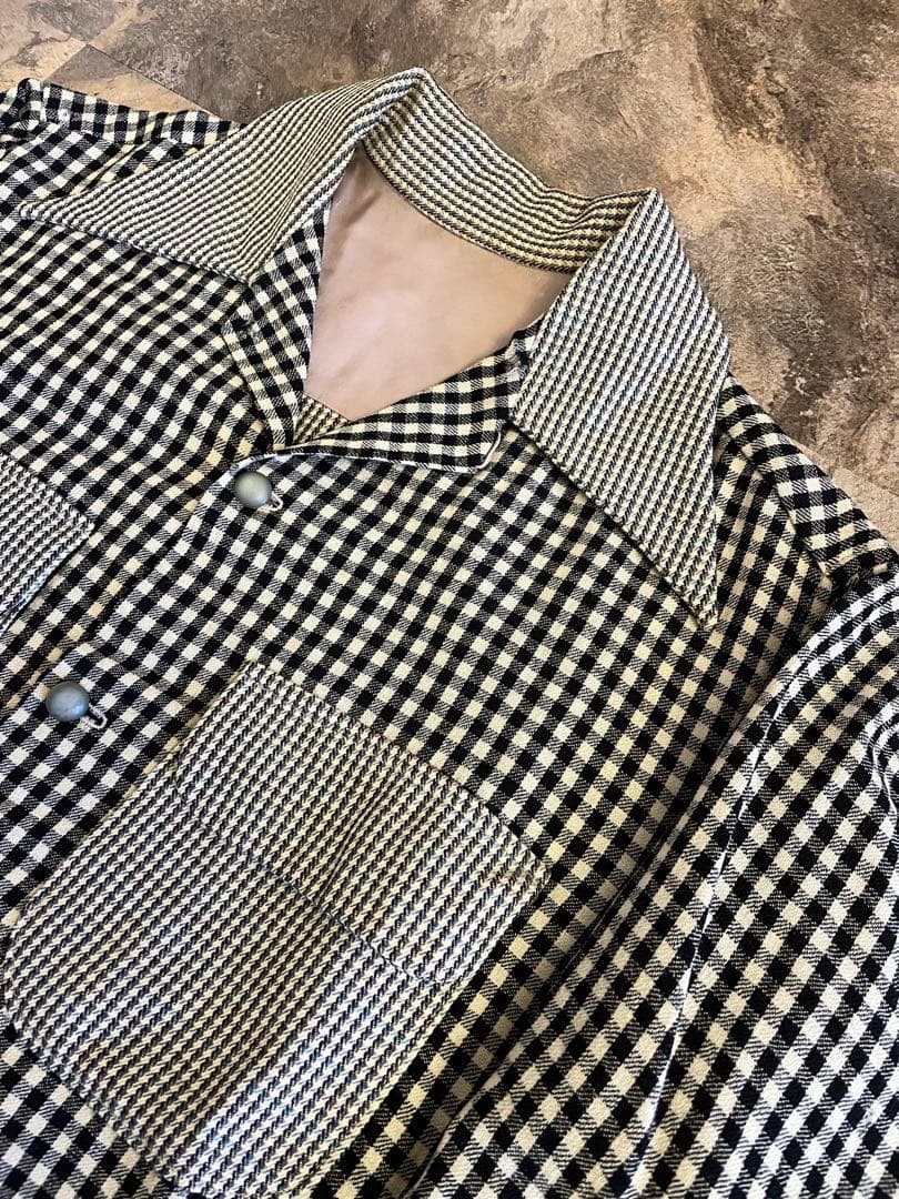 40s Vintage ウールオープンカラー クレイジーチェック ウール シャツ