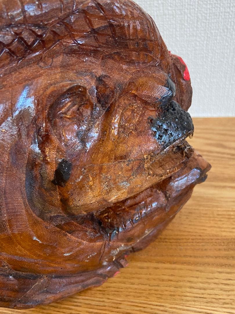 古道具坂田取扱 木彫 熊と赤面 二面像 祭祀仏具 古作
