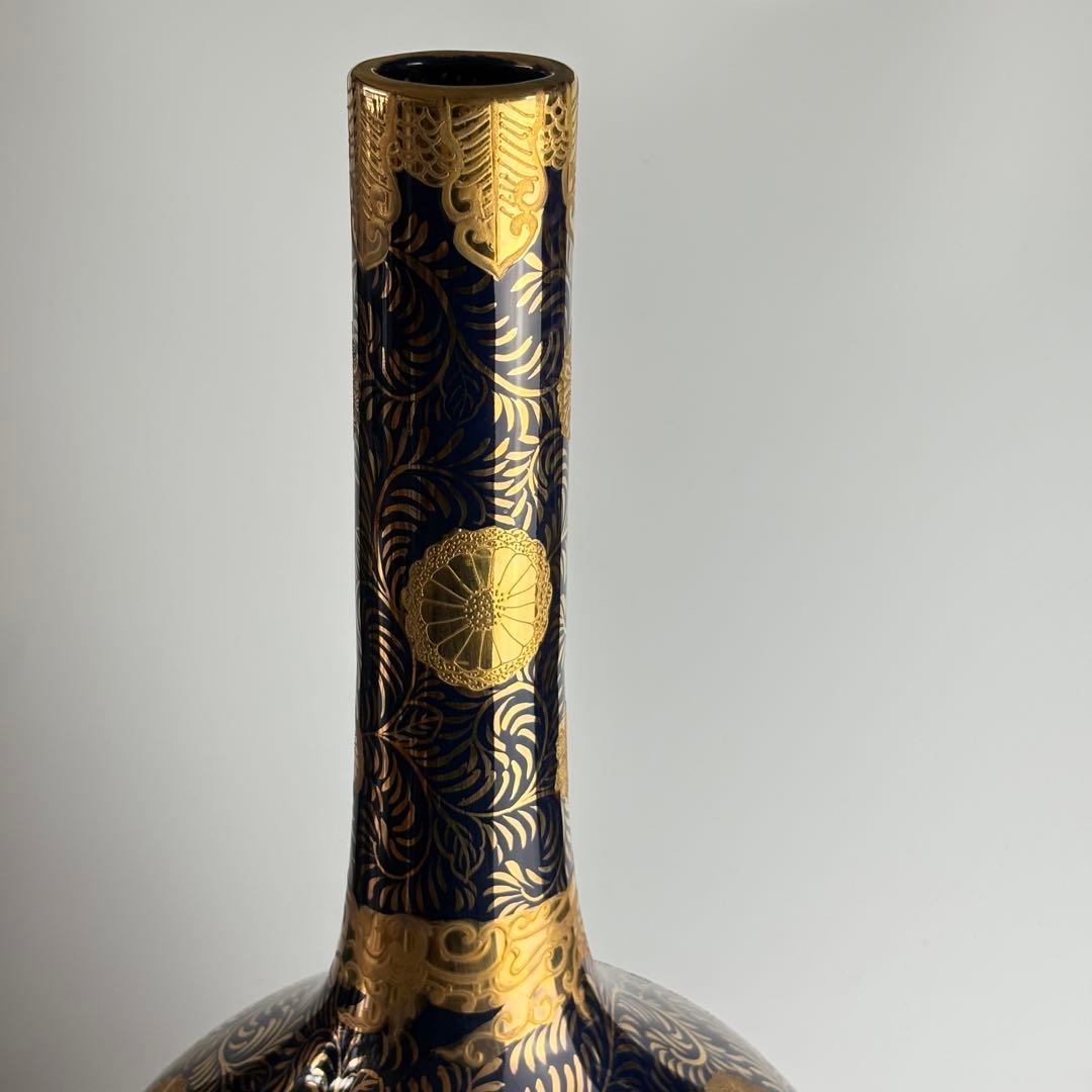 栄盛窯 瀧山作 薩摩焼 金襴手 花鳥図 鶴首花瓶 高さ約65cm 花瓶 花入れ
