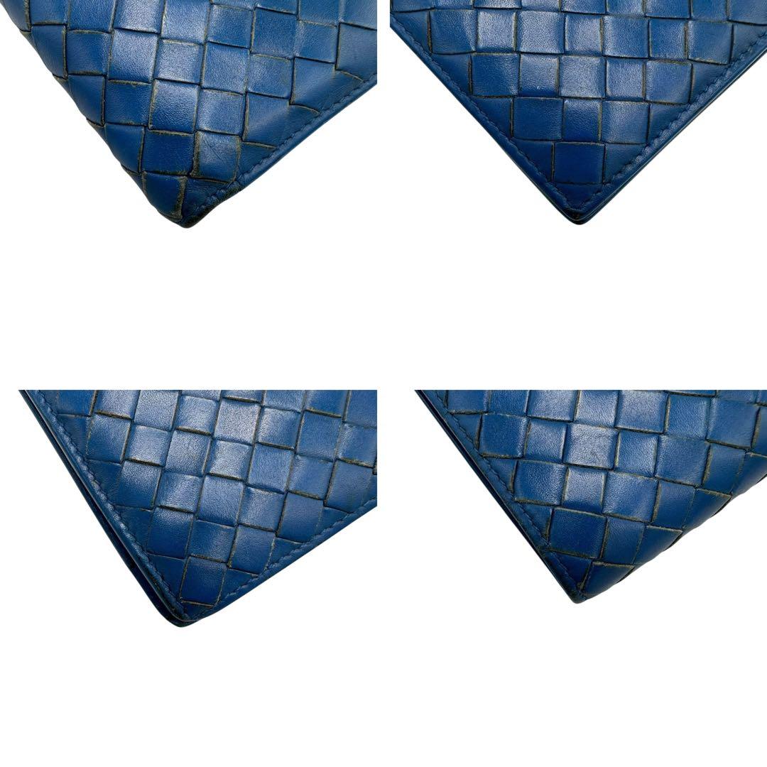 箱保存袋付き ボッテガヴェネタ 2つ折り財布 イントレチャート 青 ブルーレザー