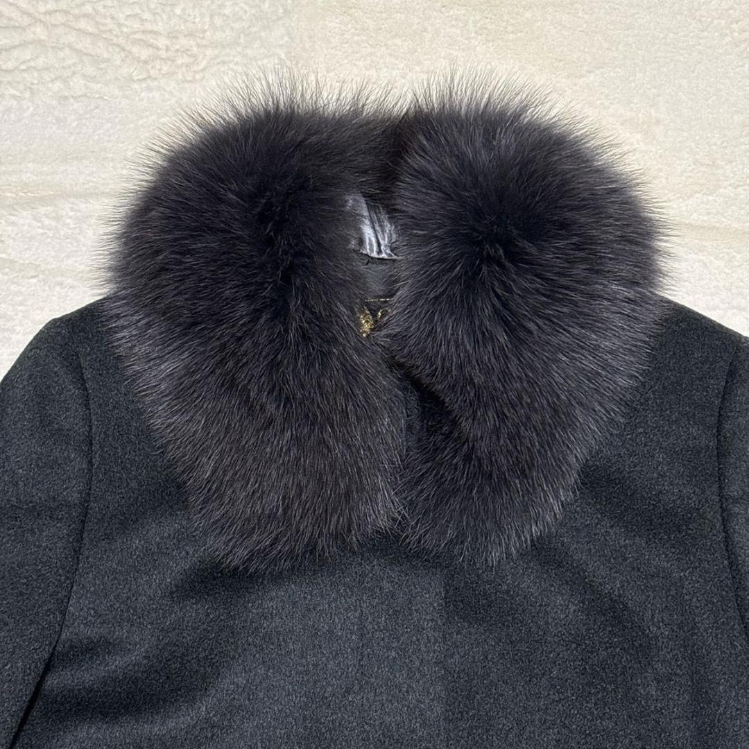 極美品 カシミヤ100 ロングコート フォックスファー Aライン ブラック