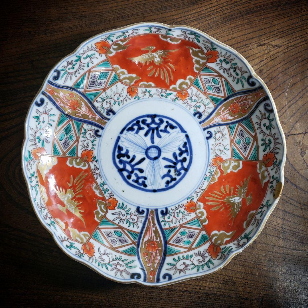 大皿　古伊万里　色絵付け　鳳凰　江戸　金継ぎ　漆直し　唐花草　7寸皿