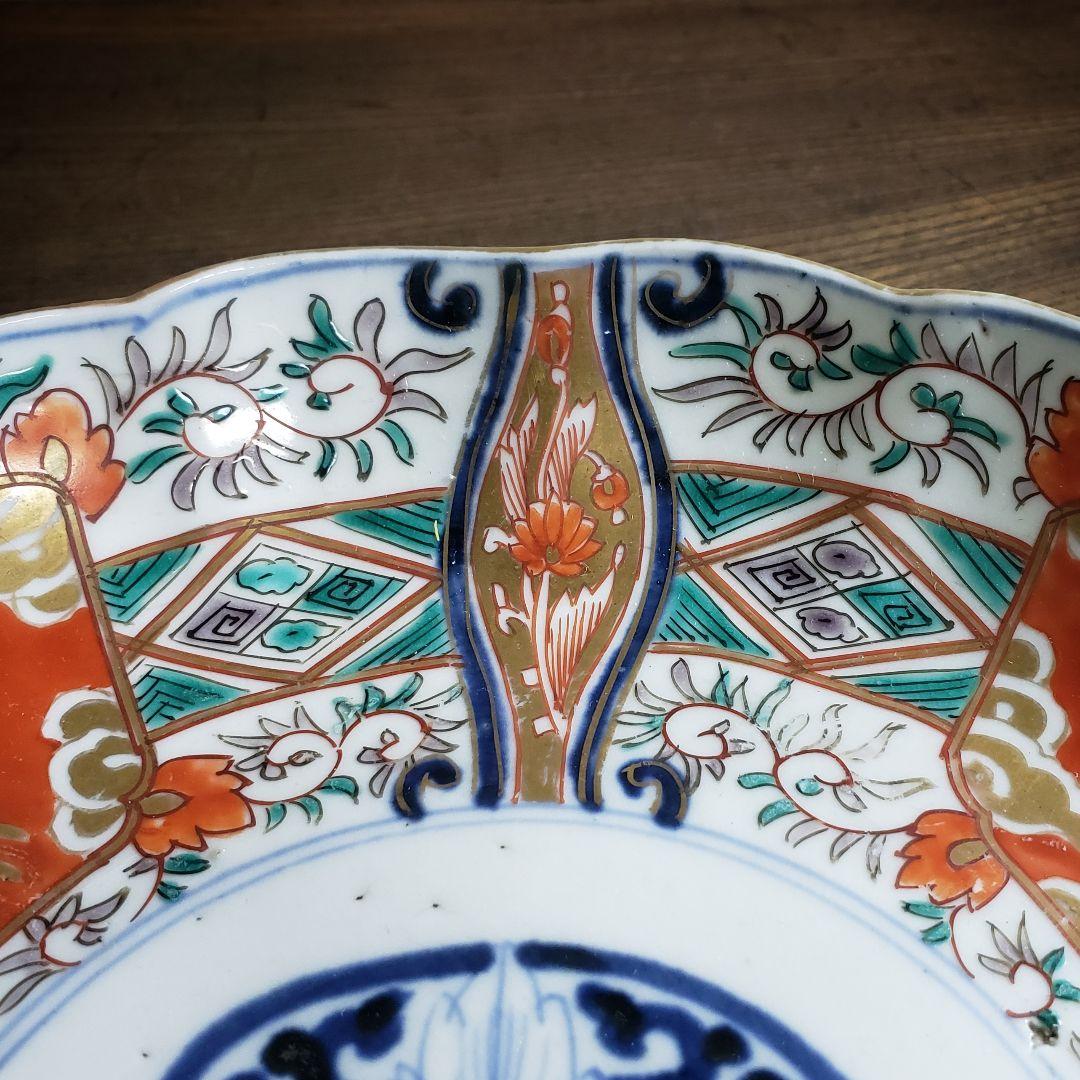 大皿　古伊万里　色絵付け　鳳凰　江戸　金継ぎ　漆直し　唐花草　7寸皿