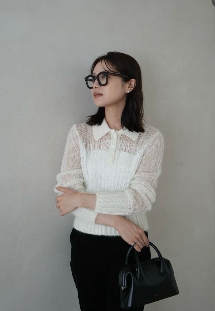 トップス Sequin Sheer Polo Knit/laube blanc