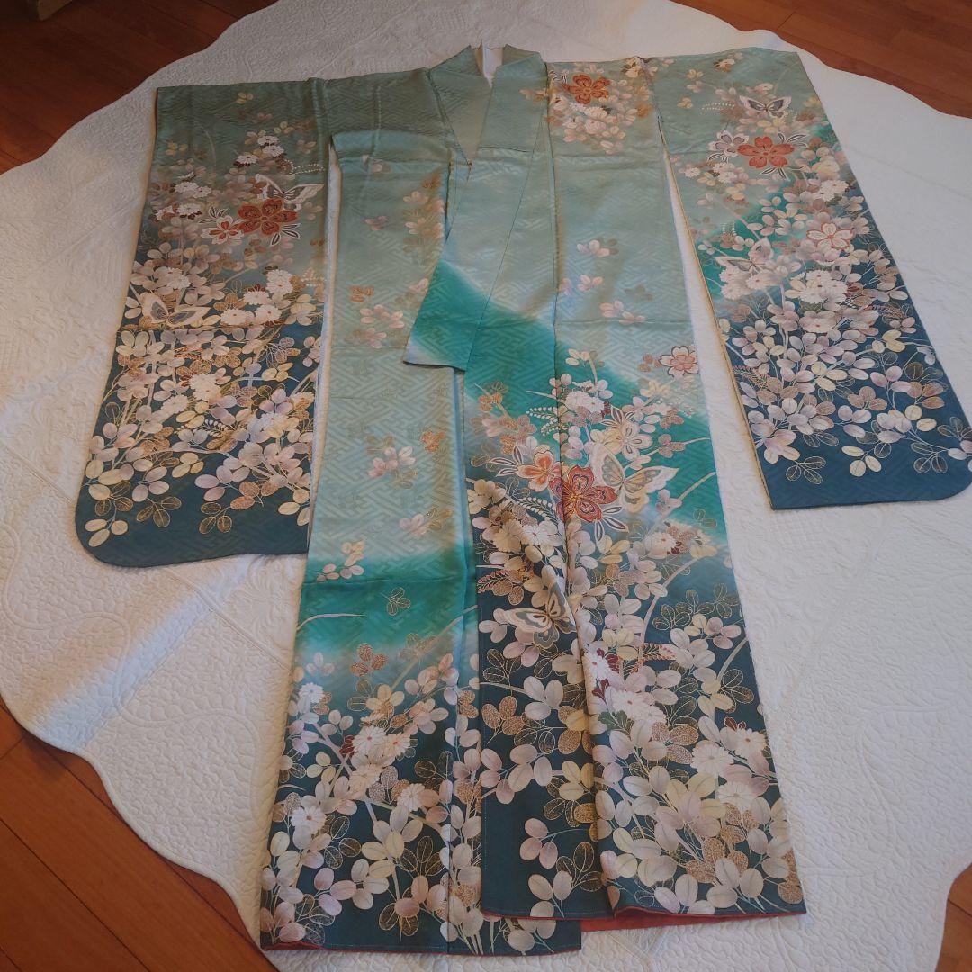 青緑色 花柄 振袖 絹製