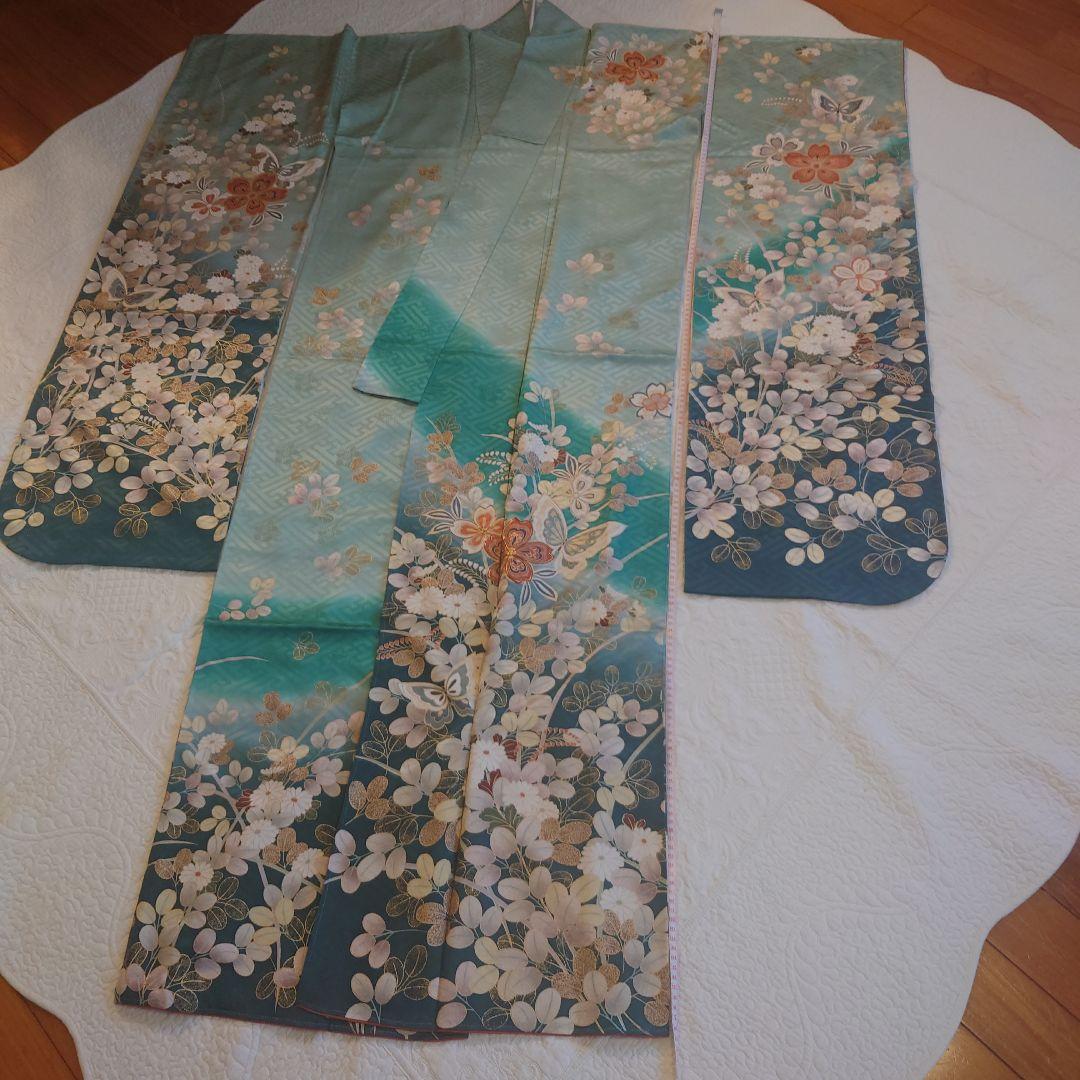 青緑色 花柄 振袖 絹製