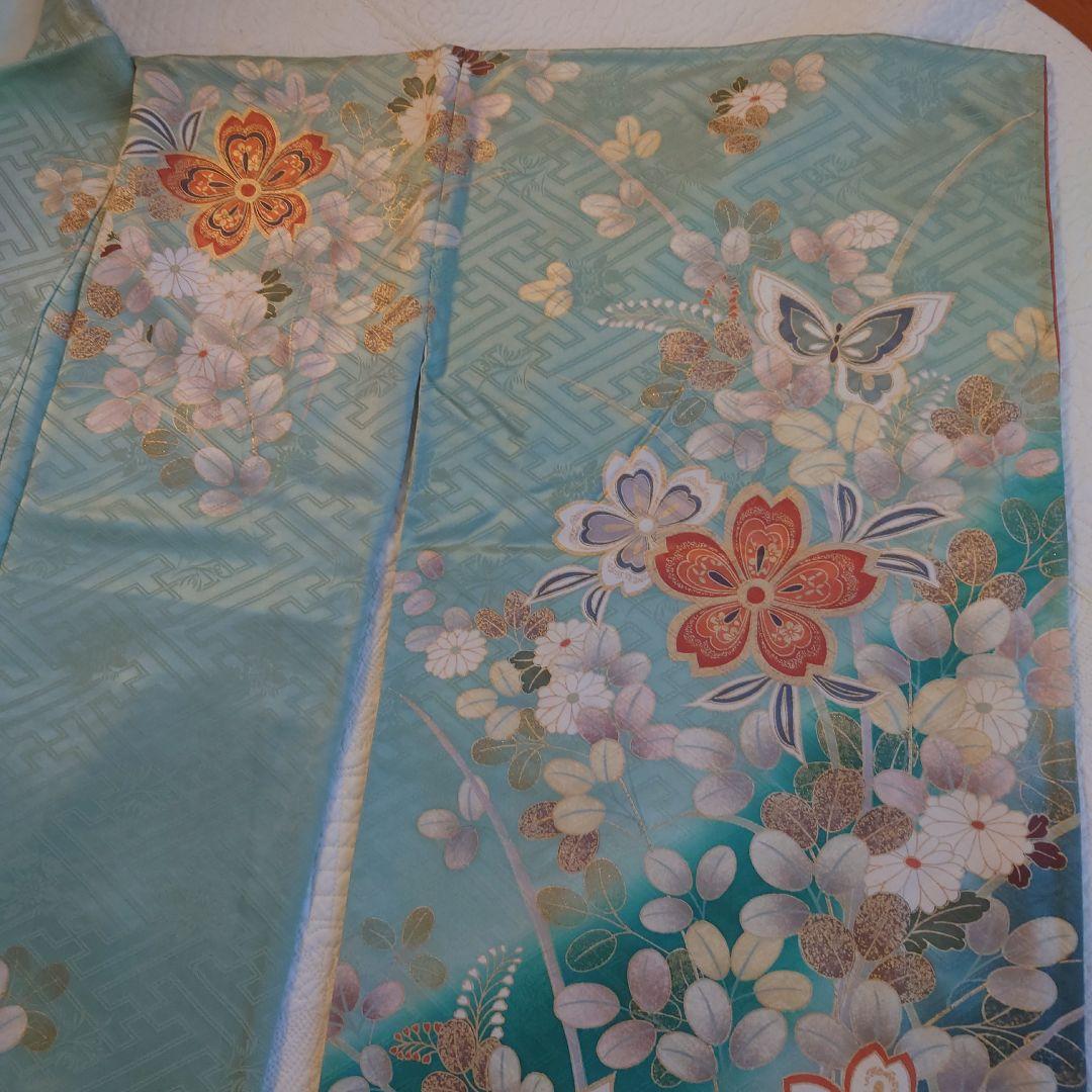 青緑色 花柄 振袖 絹製