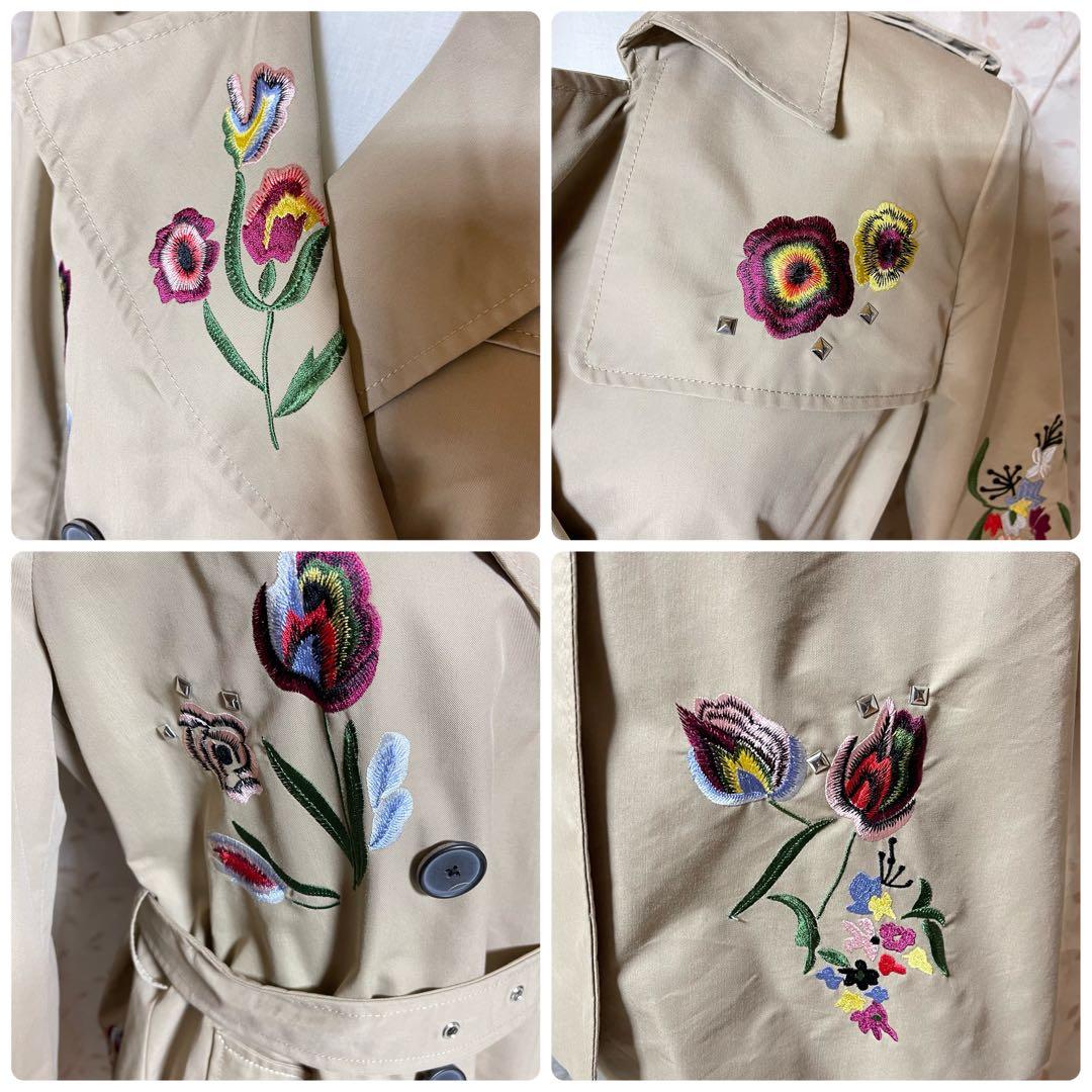 タグ付き　未使用　ZARA トレンチコート 花柄刺繍 ベルト付き ベージュ　M