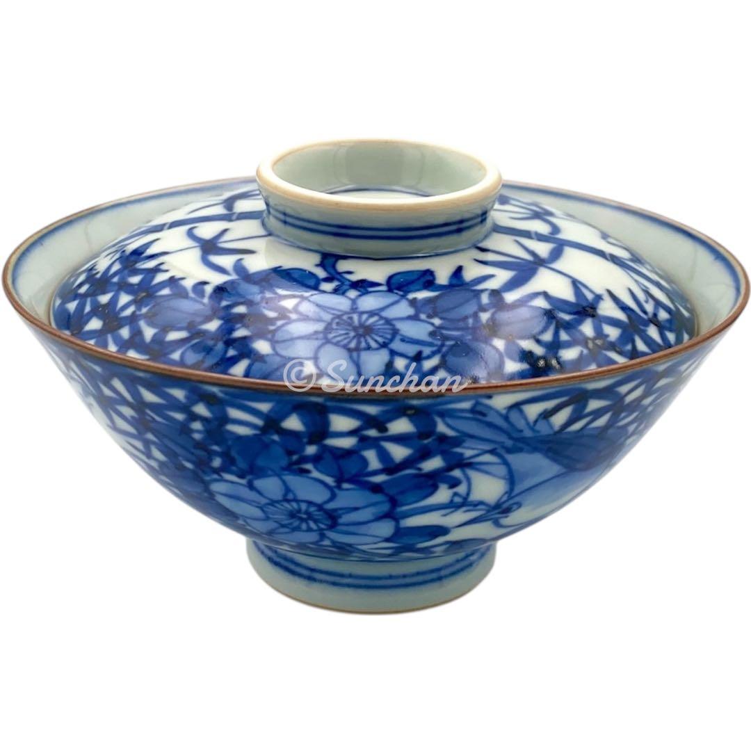 【未使用品】 京焼 清水焼 青葉花鳥 平安博峰作 蓋付き飯茶碗 夫婦茶碗 共箱付