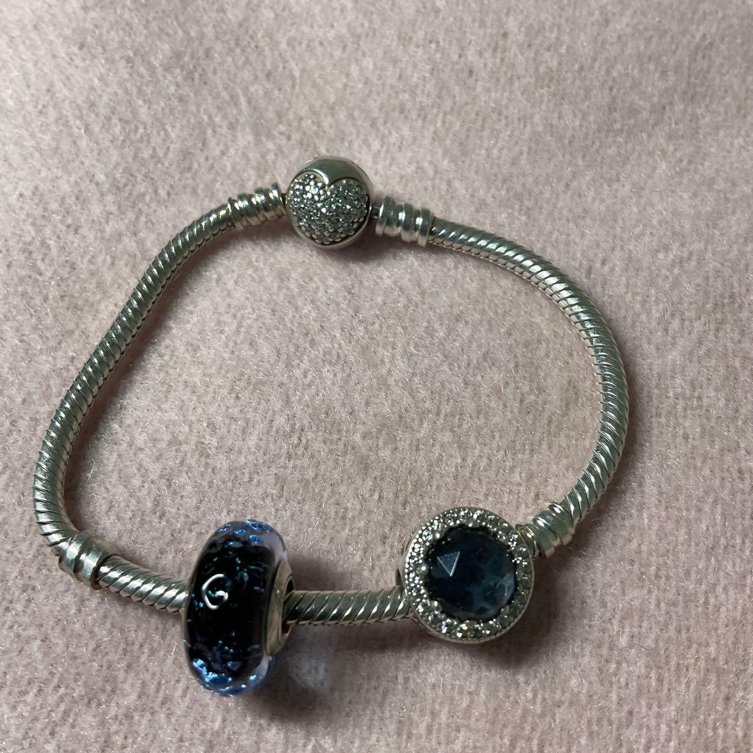 のり　PANDORA シルバー ブルー ビーズ ブレスレット　16センチ