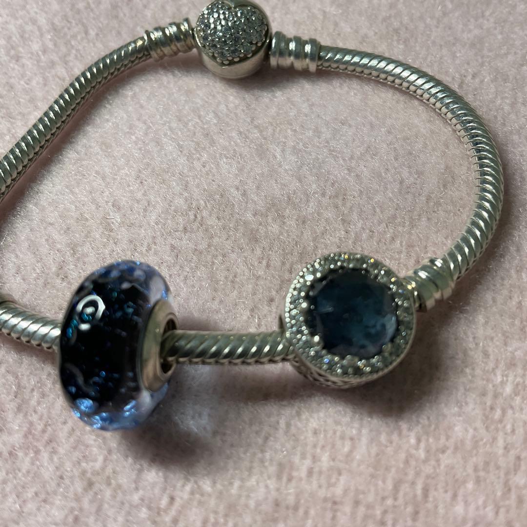 のり　PANDORA シルバー ブルー ビーズ ブレスレット　16センチ