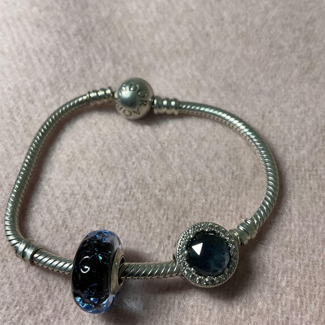 のり　PANDORA シルバー ブルー ビーズ ブレスレット　16センチ