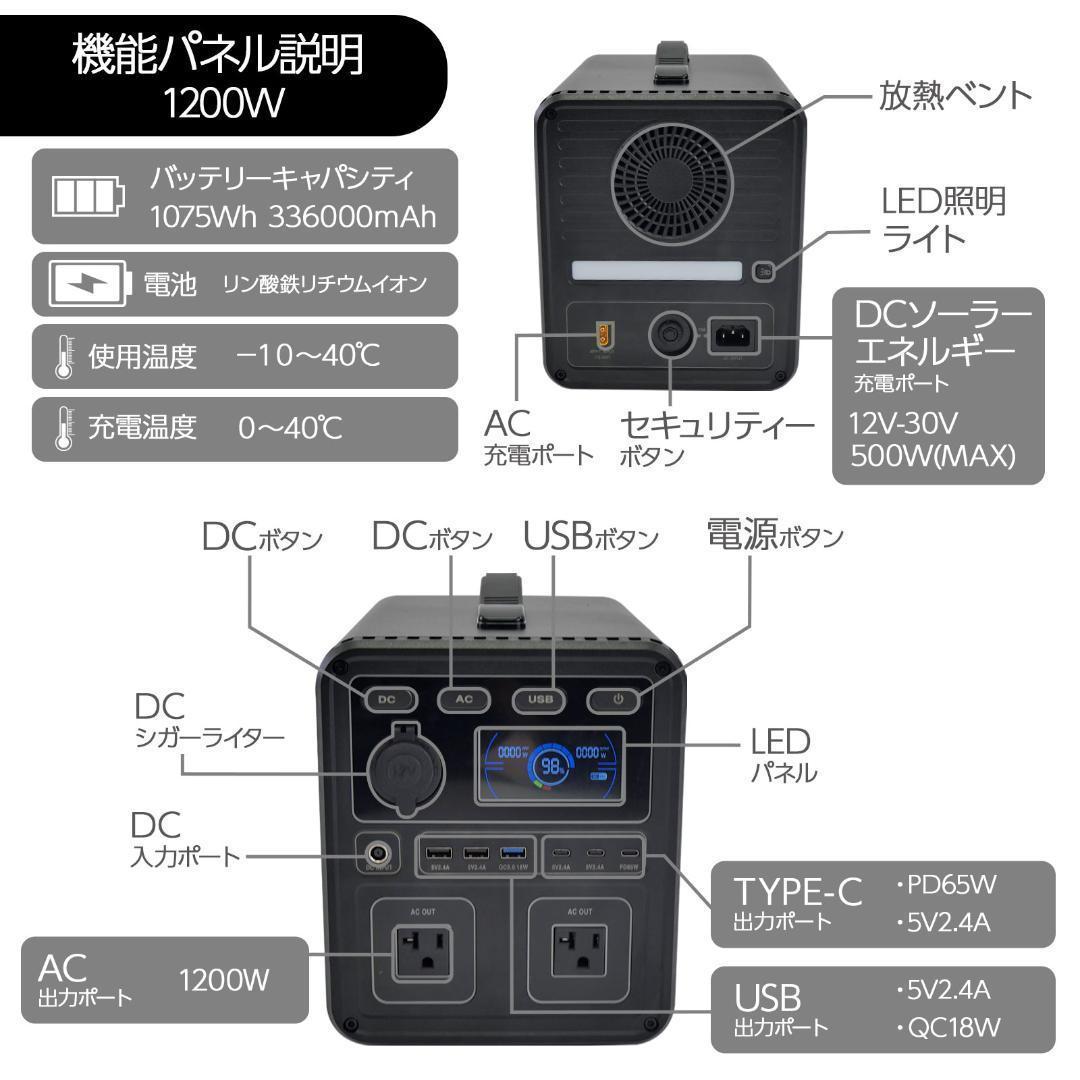 【全国一律送料無料】ポータブル電源 充電式 移動バッテリー 1200W（黒）
