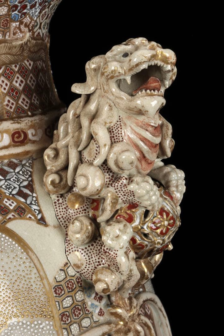 【極上薩摩焼】特大金襴手色絵 獅子 香炉 飾壺 陶器 骨董 古美術 アート 花瓶
