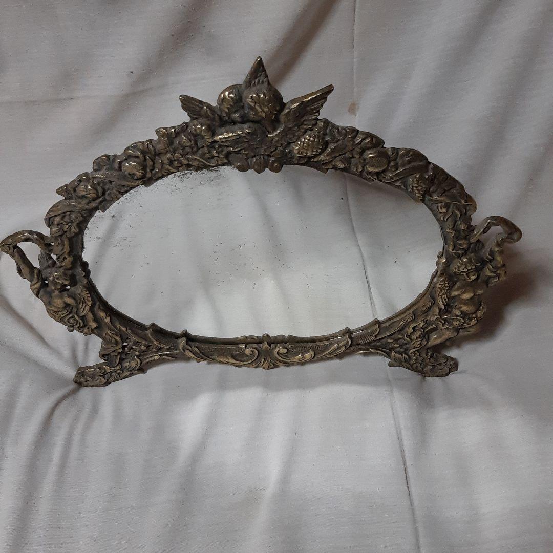 西洋アンティーク◆フランス　19世紀◆　天使レリーフ真鍮ブロンズ卓上ミラー額入り