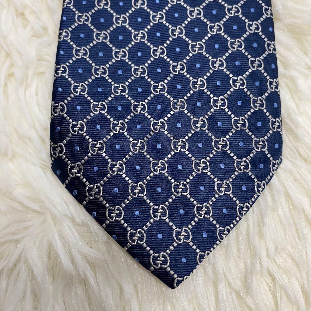 GUCCI グッチ 高級シルク ネクタイ GG柄 ネイビー 結婚式　成人式　ロゴ