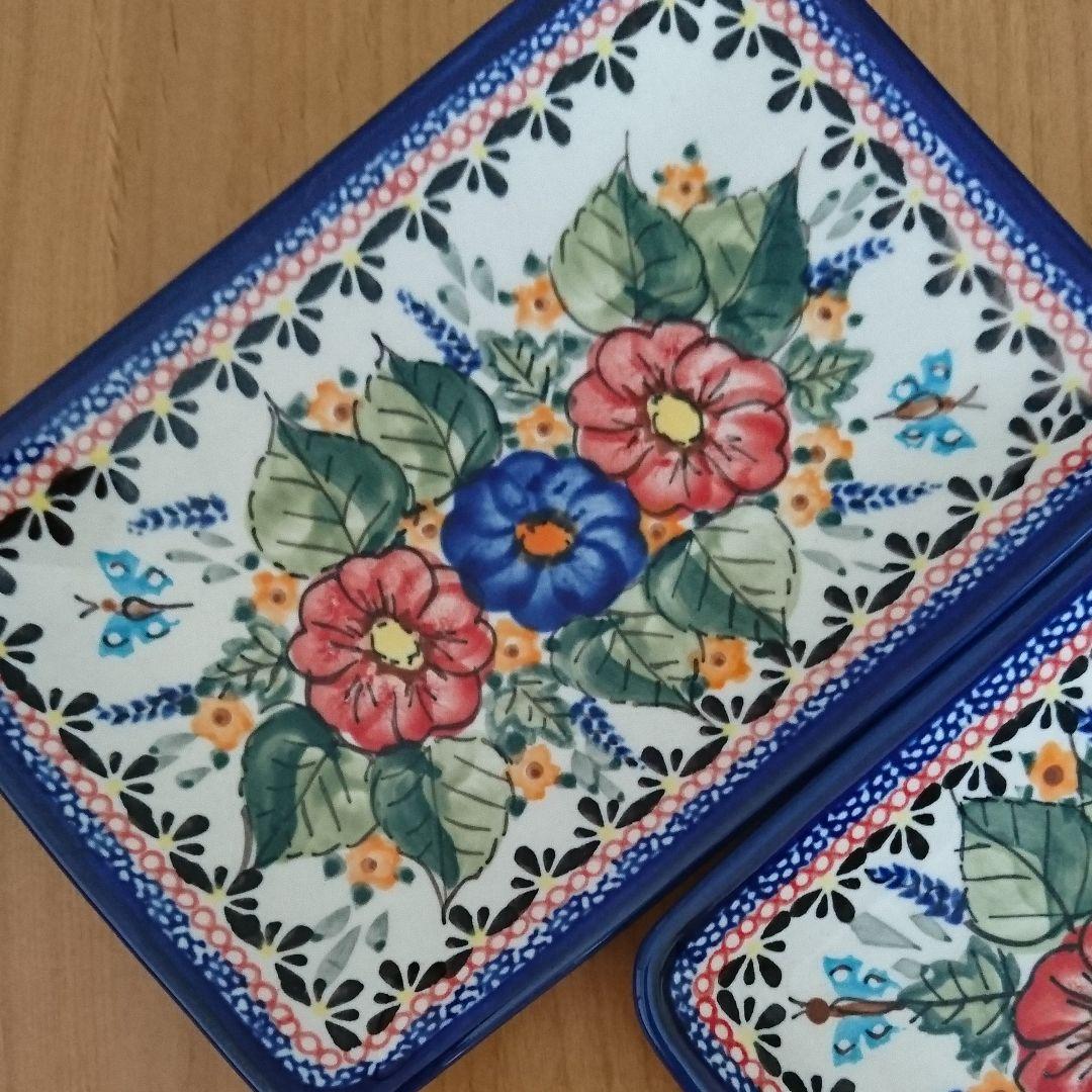 [バラ売り可] ポーリッシュポタリー 長方形のお皿 小 (赤花) ２個セット