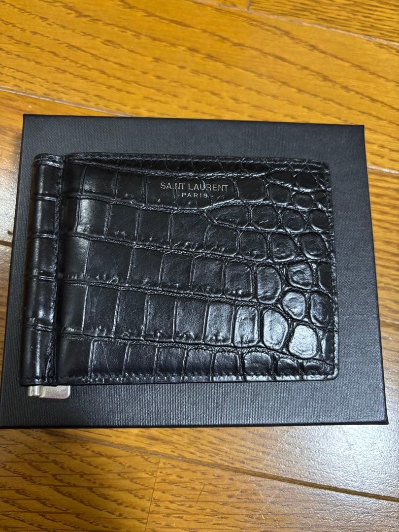 SAINT LAURENT ブラック クロコダイル 二つ折り財布 マネークリップ