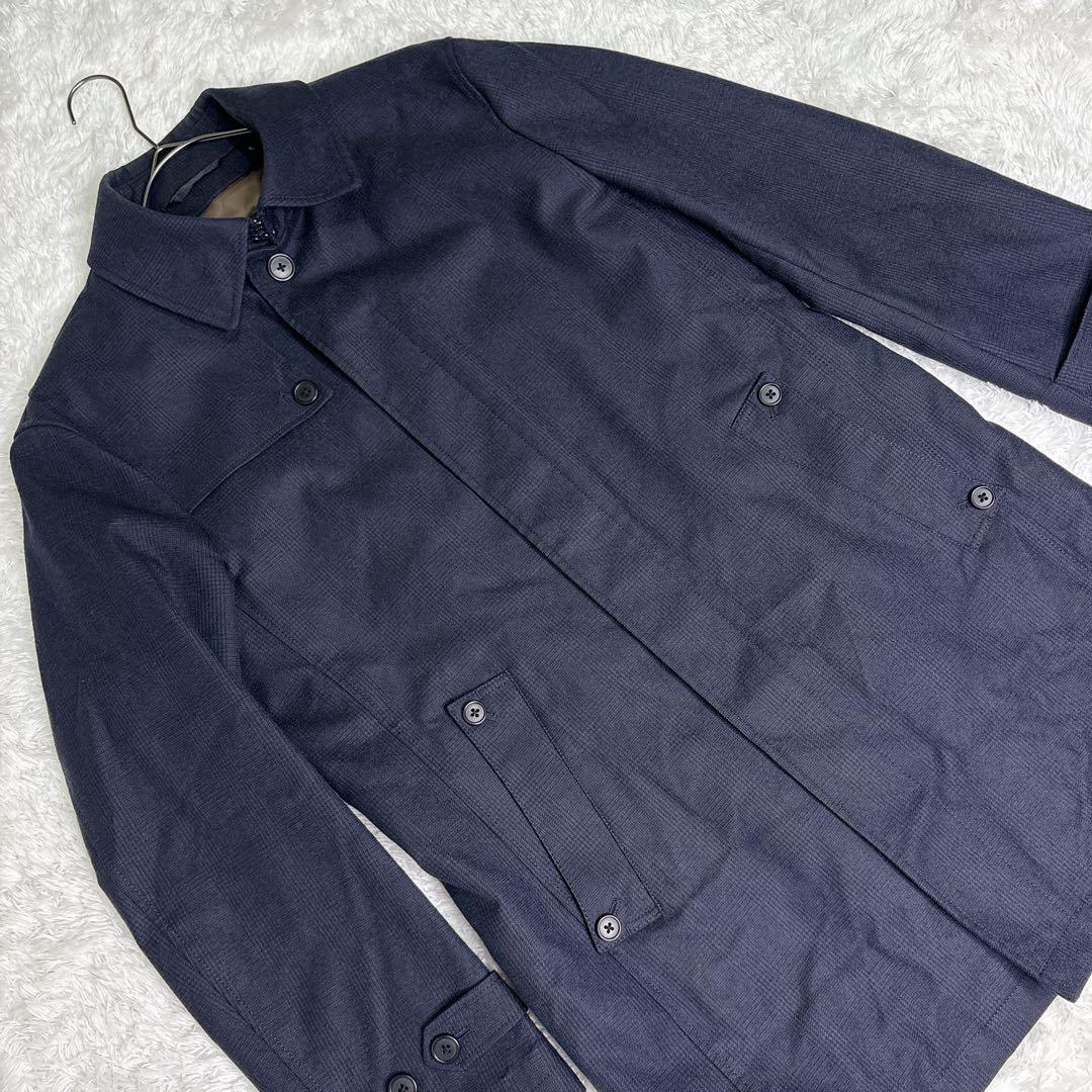 バーニーズニューヨーク ウール ステンカラーコート ネイビー/チェック XL