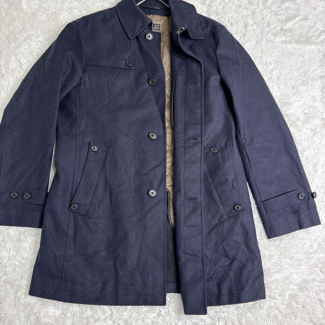 バーニーズニューヨーク ウール ステンカラーコート ネイビー/チェック XL