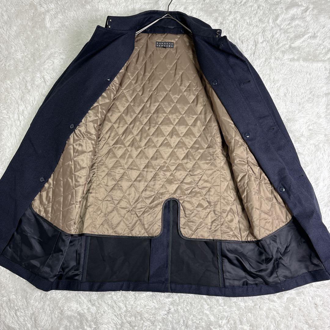 バーニーズニューヨーク ウール ステンカラーコート ネイビー/チェック XL