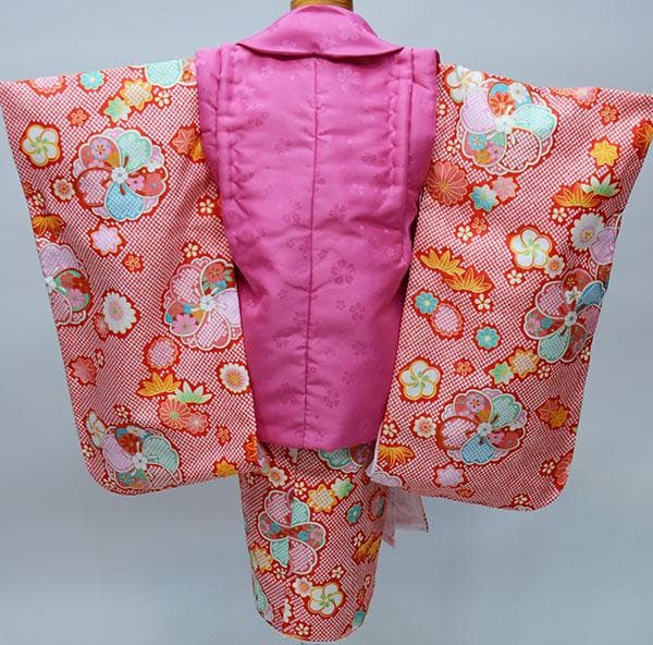 七五三 三歳 女児 被布 着物 フルセット 赤色×ピンク 花ひめ お仕立て無料