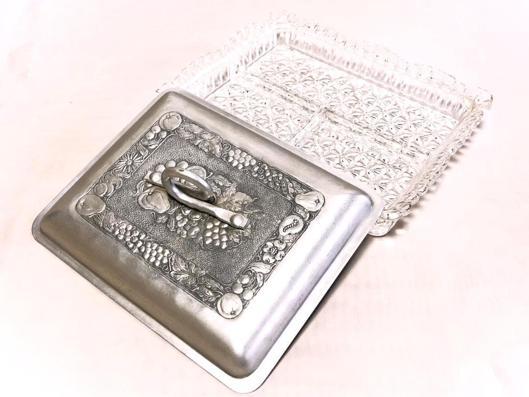 【 ニッケル彫金ガラス鉢 】　金工・ガラス工編組　特注献上