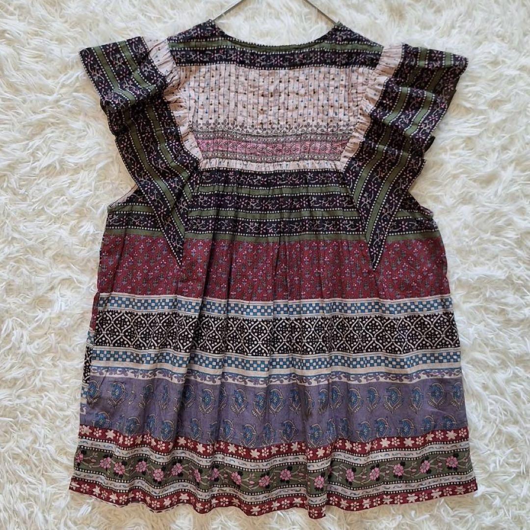 美品✨シーニューヨーク 総柄半袖ブラウス マルチカラー ピンタック コットン