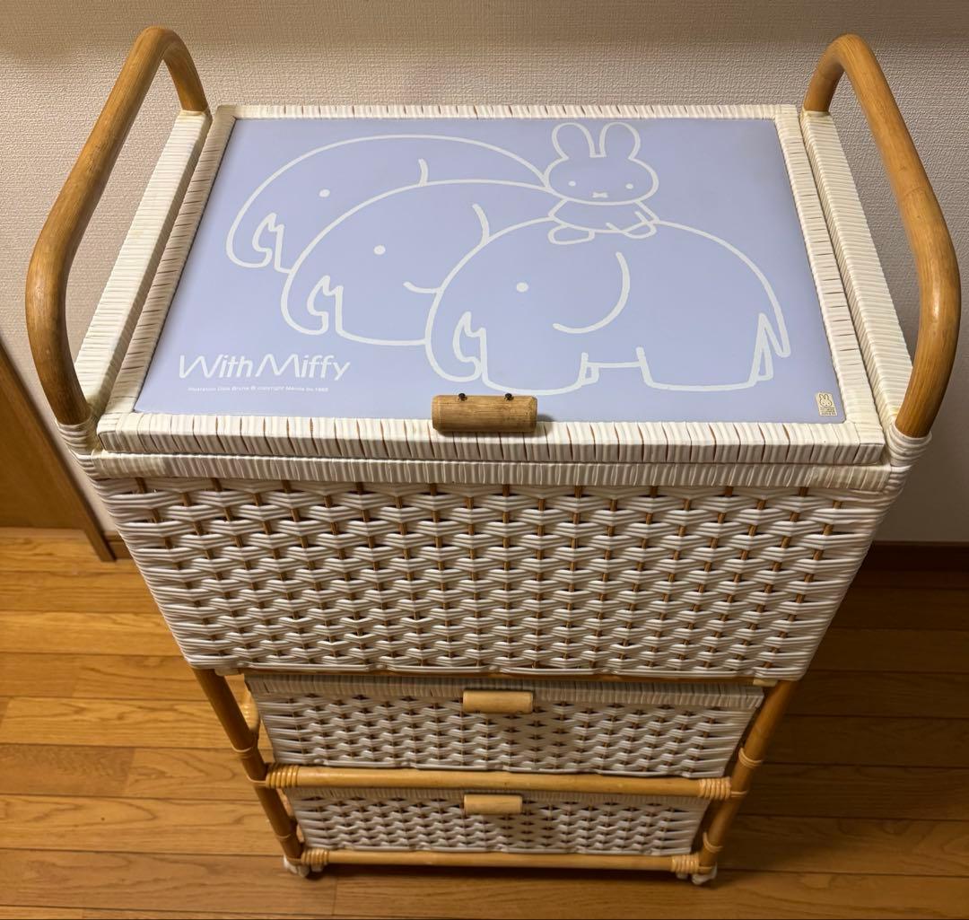 ミッフィー　ピンク　籐ラタン　大型 蓋付 バスケット3段　昭和レトロ　レア　希少