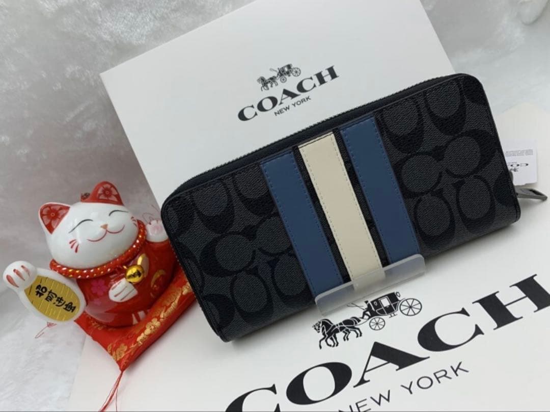 コーチ 長財布 シグネチャー 黒 青白ライン本日のみ　10,500円